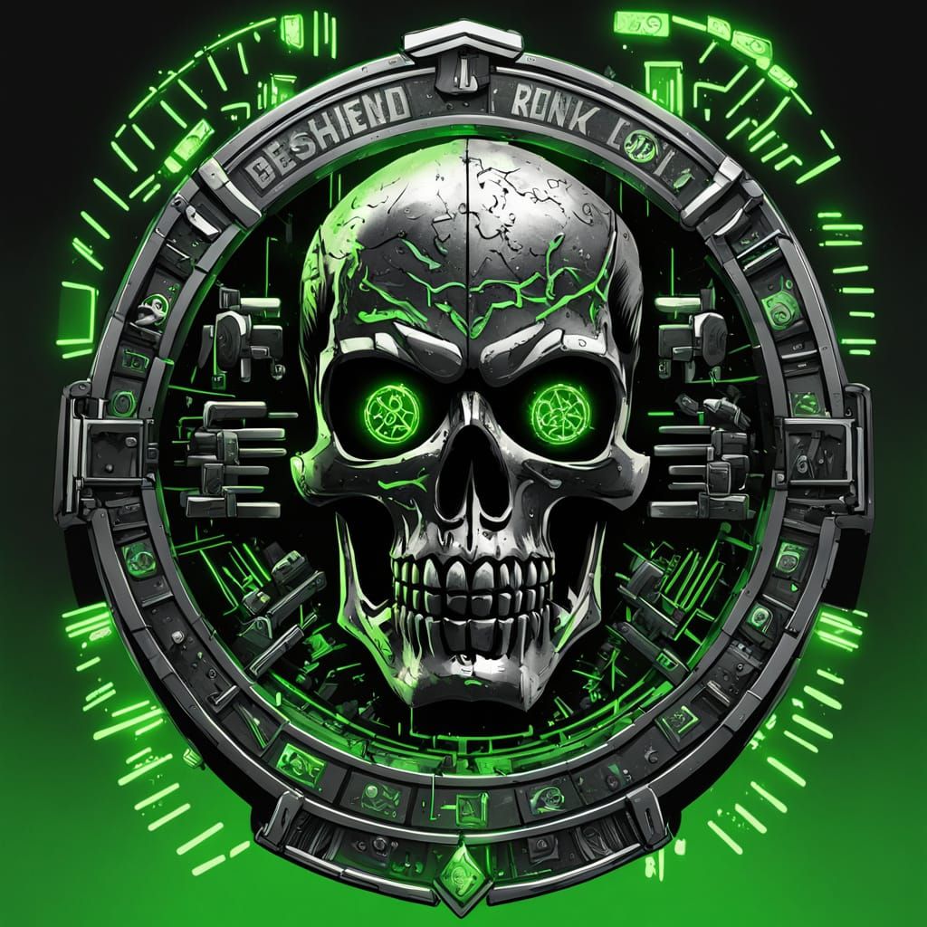 Dark Cyberpunk Shield with Shining Green Skull and Bloodstai...