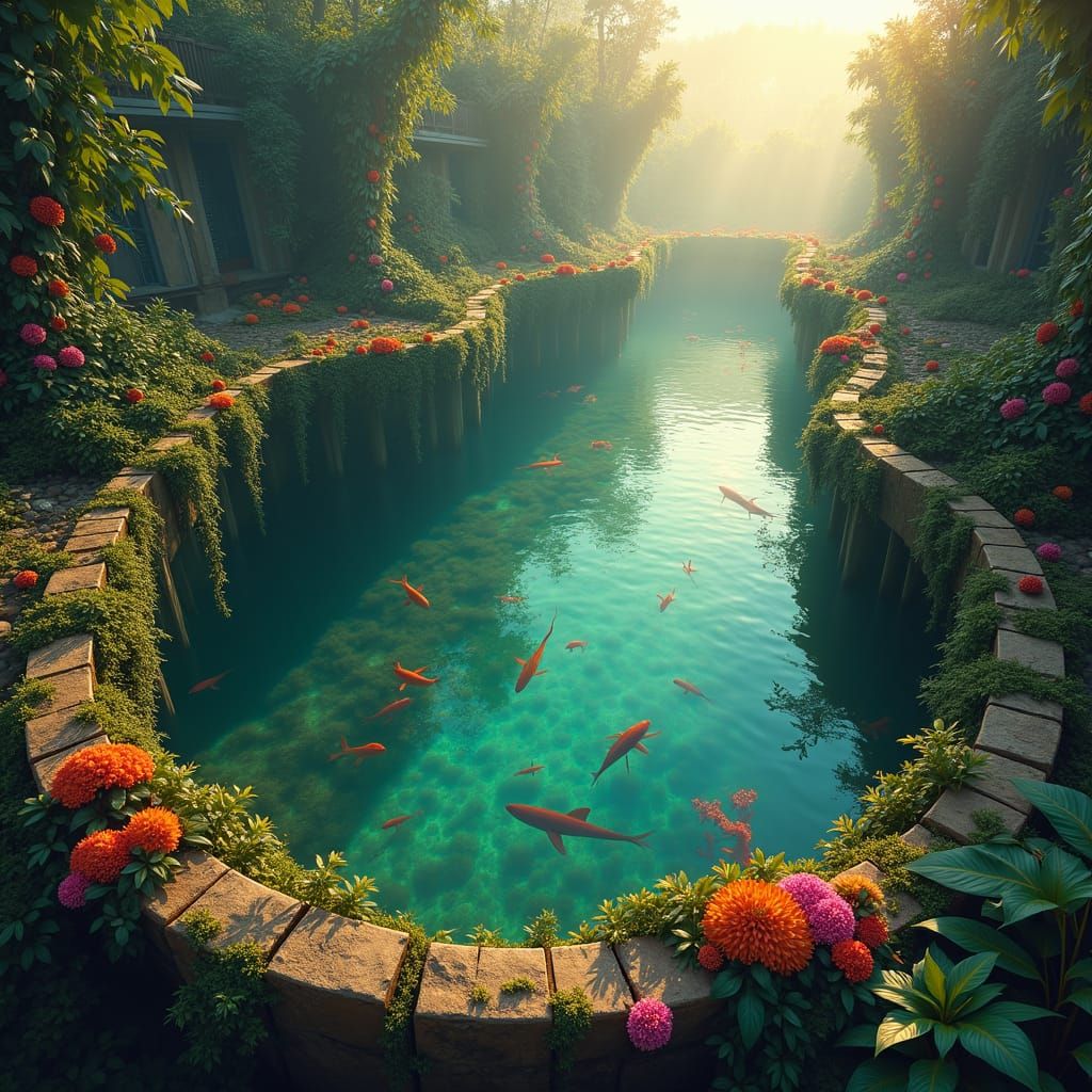 Floating Jungle Pool in Hyperrealistic Style