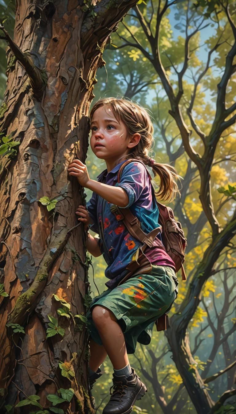 Hyperrealistic Little Girl Climbing Trees in Forest