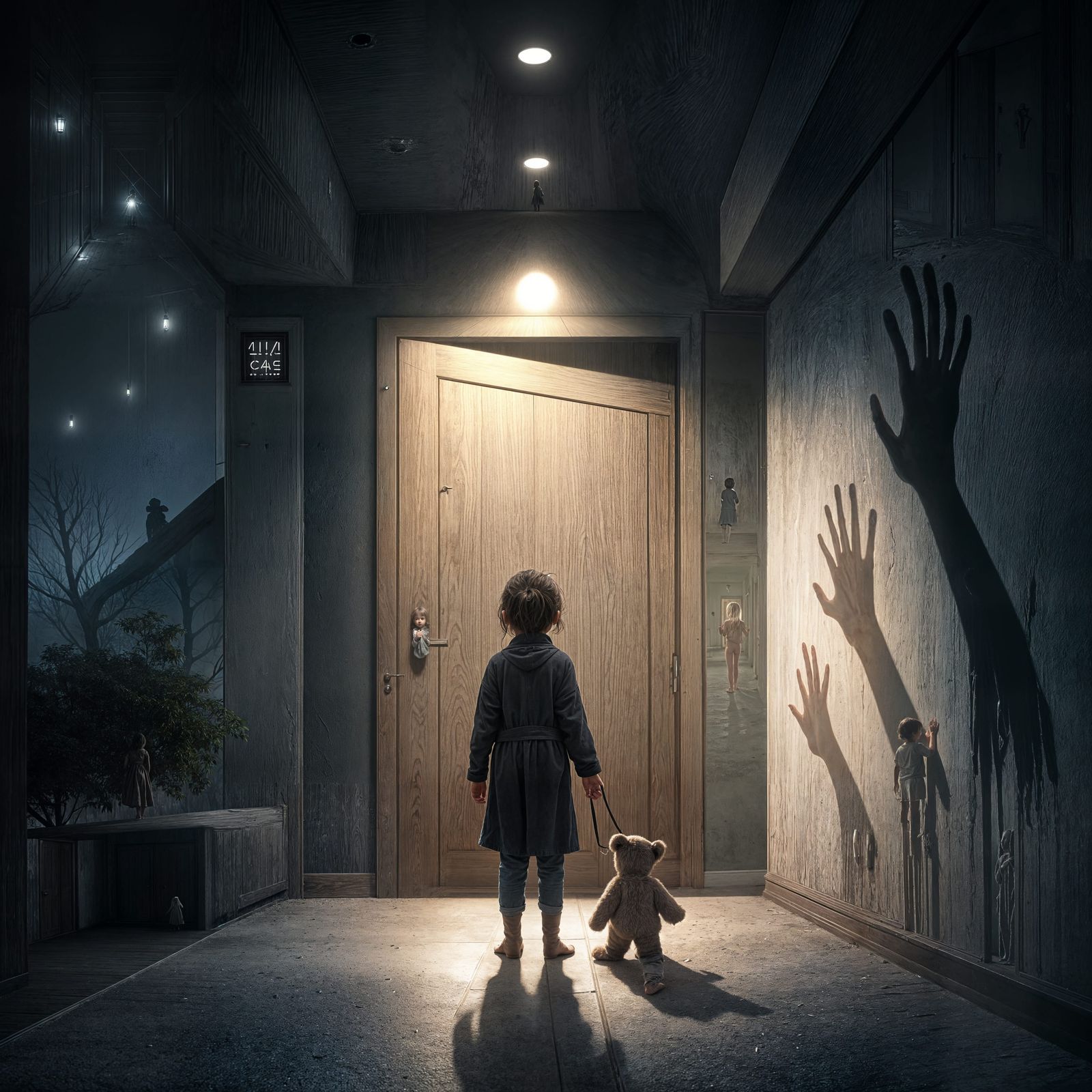 Eerie Hallway: Child and Shadow in the Night
