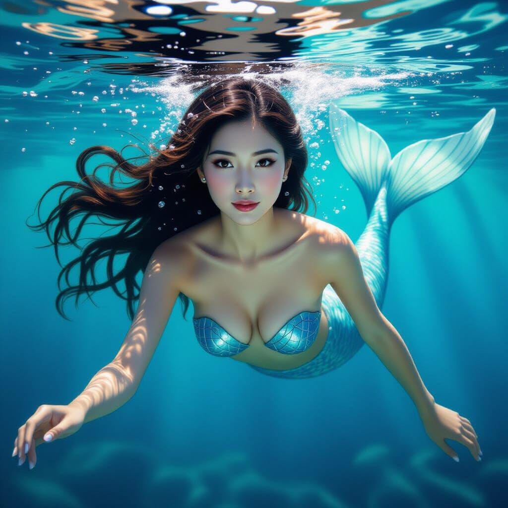 Asian Mermaid Swimming Underwater in Classical Oil Painting ...