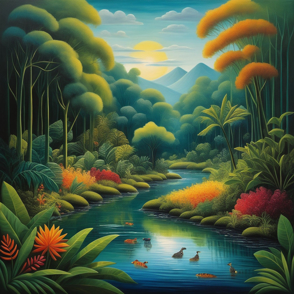 Triadic Splendor: Riverbank Bounty in Vibrant Oil Painting