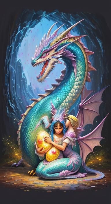 Dragon Mother Protecting Eggs: Neo-Impressionist Oil Paintin...