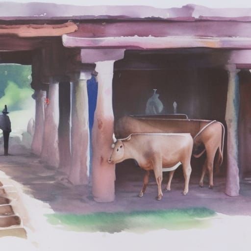 Indian Temple Scene in Watercolor Style