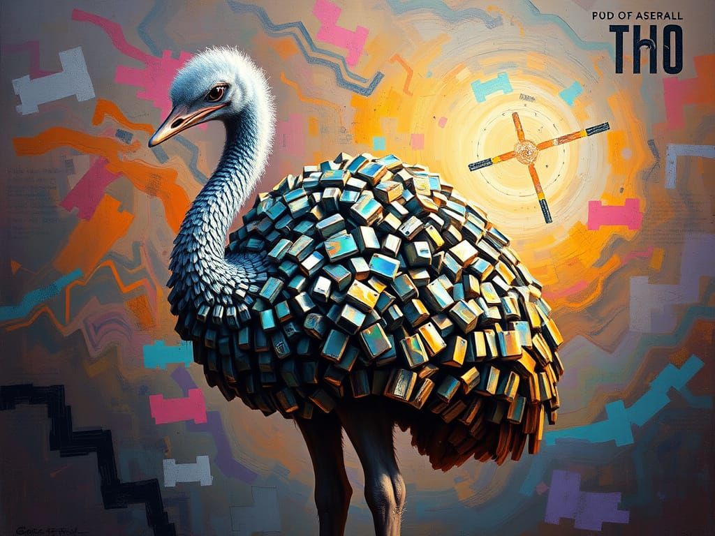 Ostrich of crystalline  Lego bricks with a metallic effect