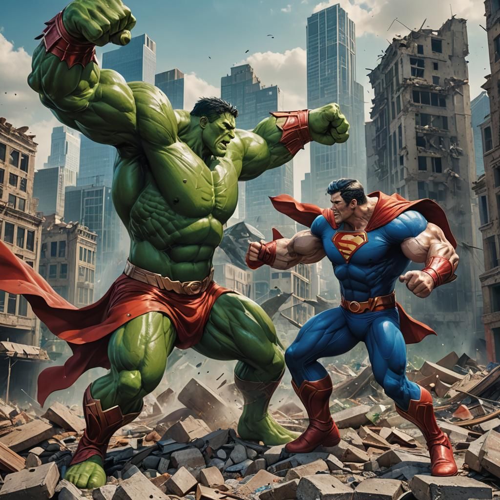 Superhero Fight in Ruined City: Hyperrealistic Splash Art