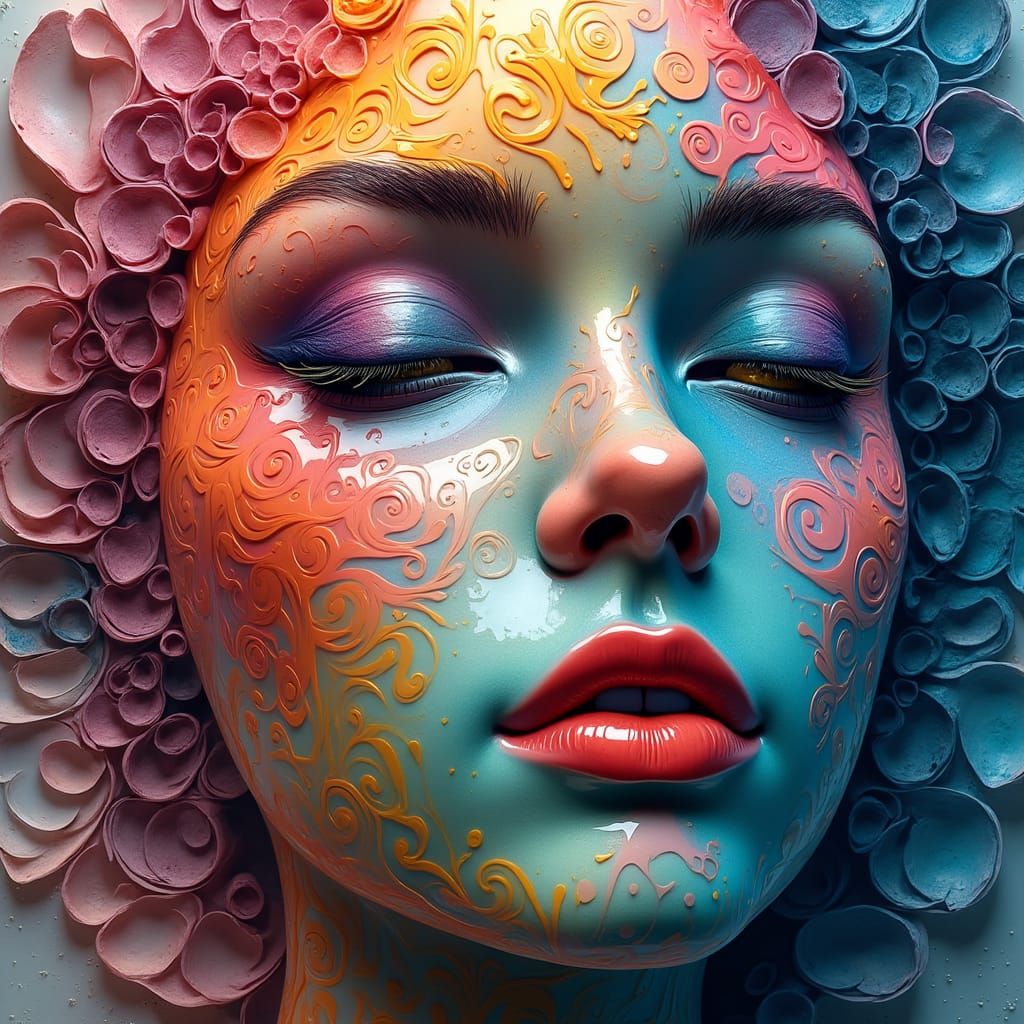 Vibrant Fractal Face with Marbled Paint Layers
