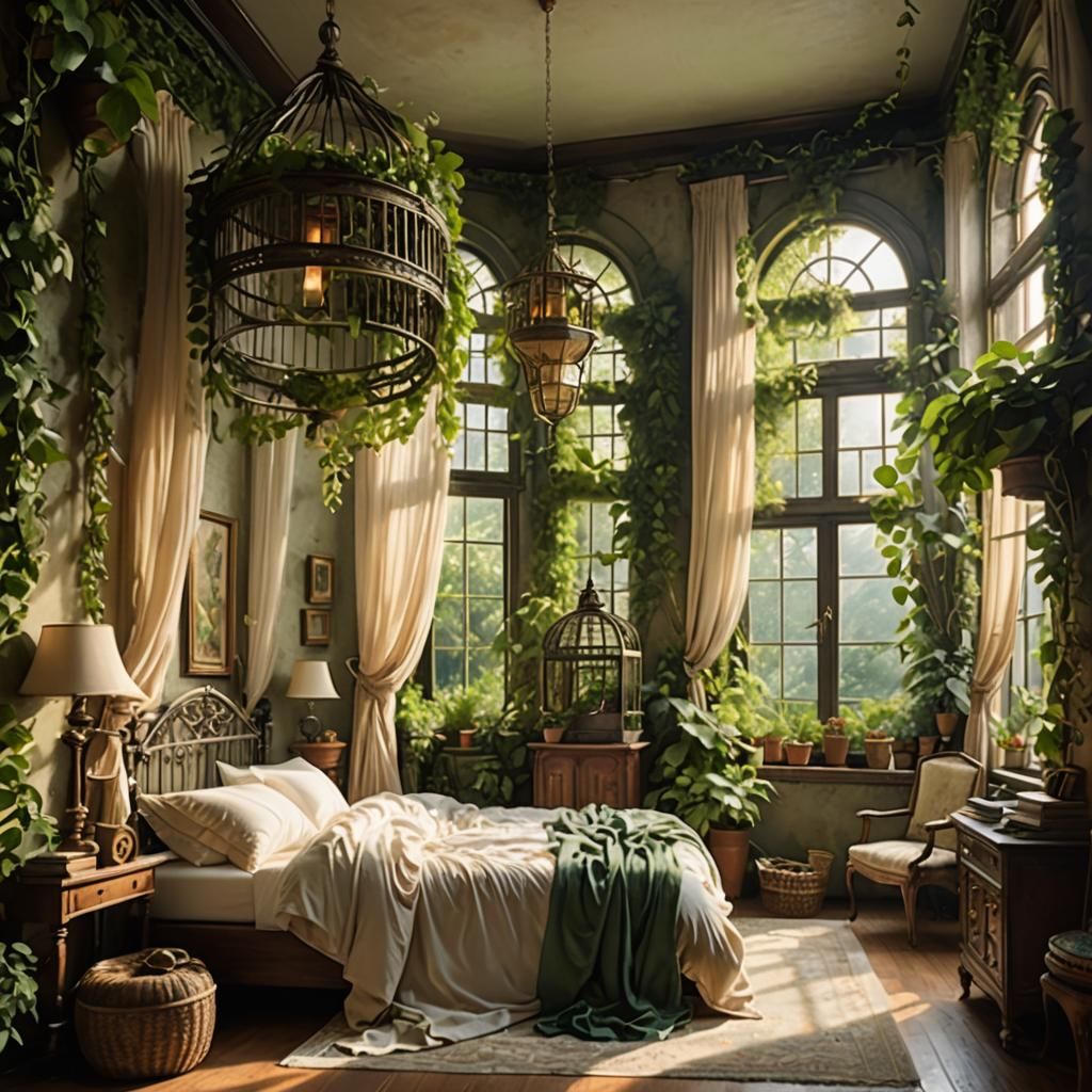 Ethereal Bedroom with Greenery in Art Nouveau Style