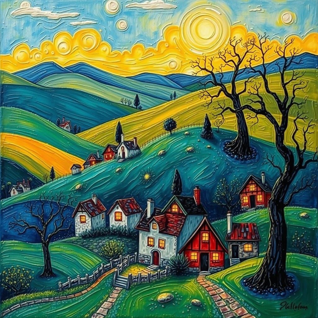 Fantasy Village in Neo-Impressionistic Impasto Style