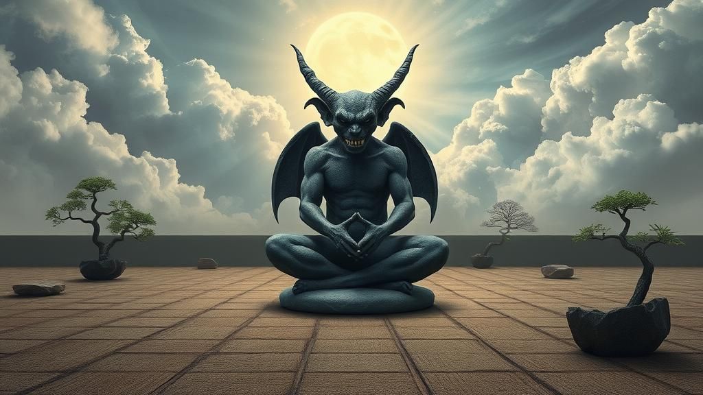 Gargoyle Meditating in Surreal Zen Garden
