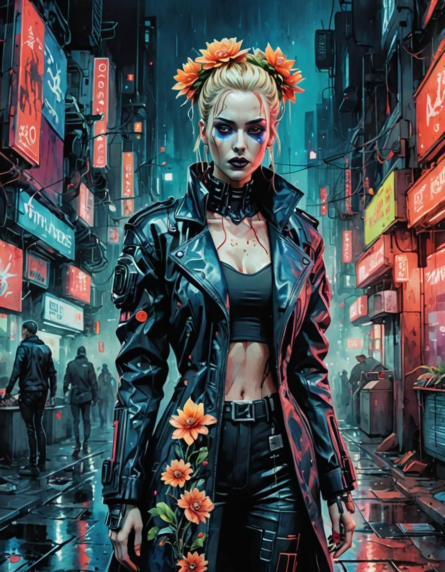 Hyperrealistic Blonde in Neon Cyberpunk Rain