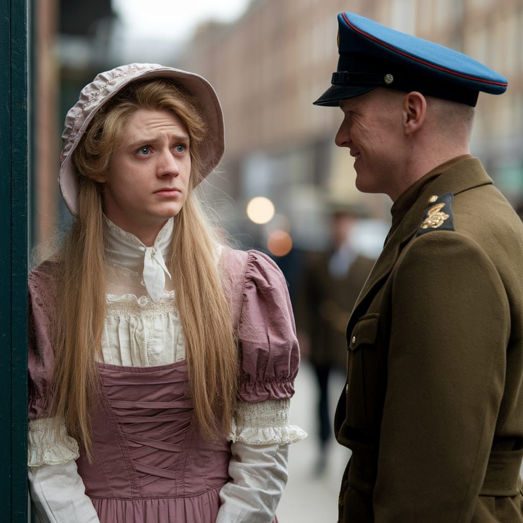 Edwardian Era Crossdresser Awaits Meeting on Street Corner