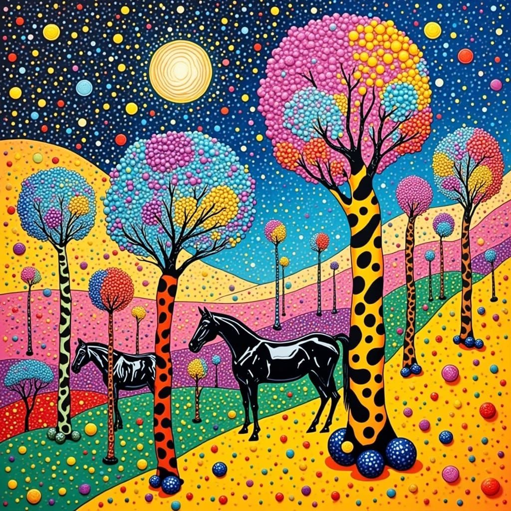 Vibrant Surrealist Landscape with Striped Trees and Black Ho...