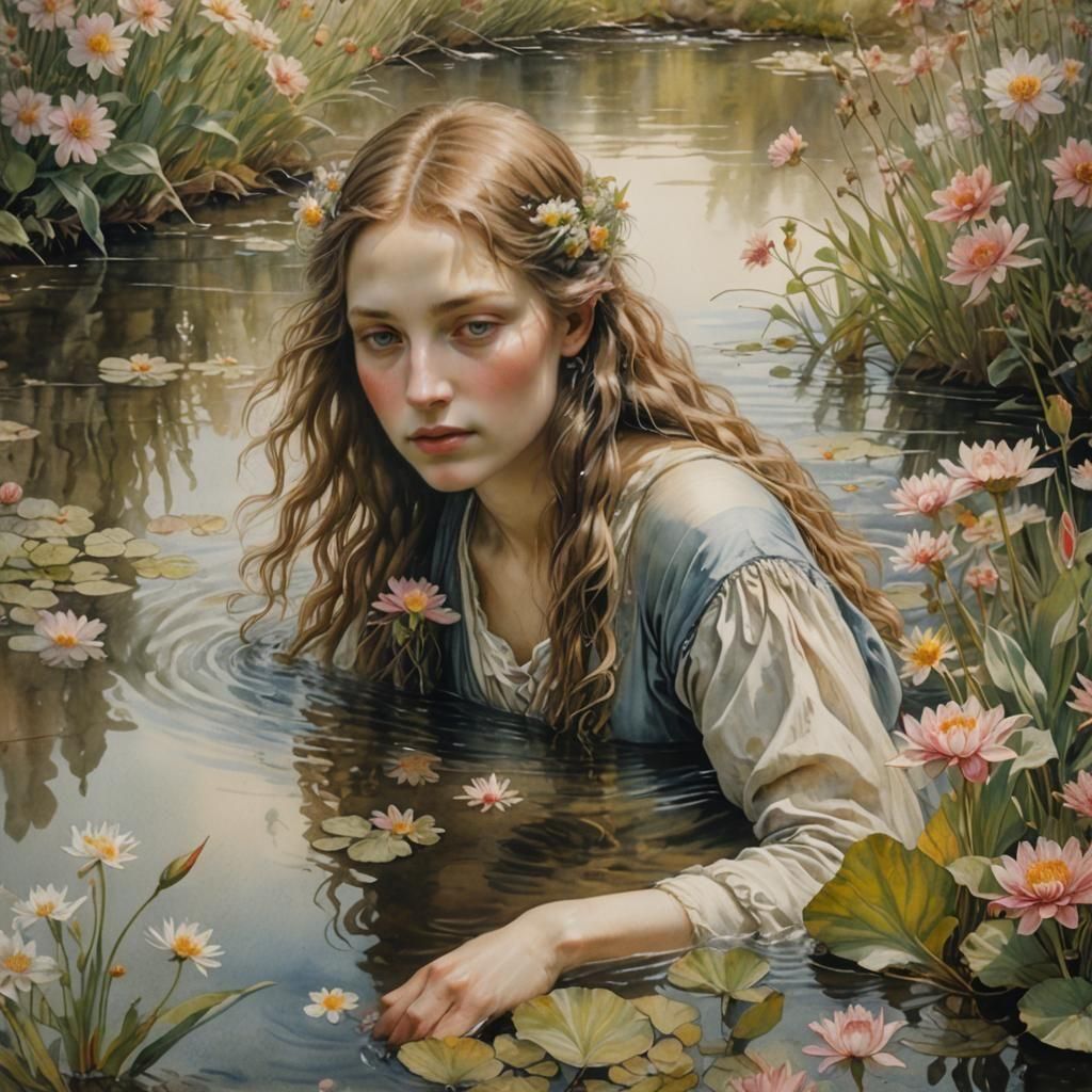 Ethereal Woman Bathed in Sunlight, Watercolor Style