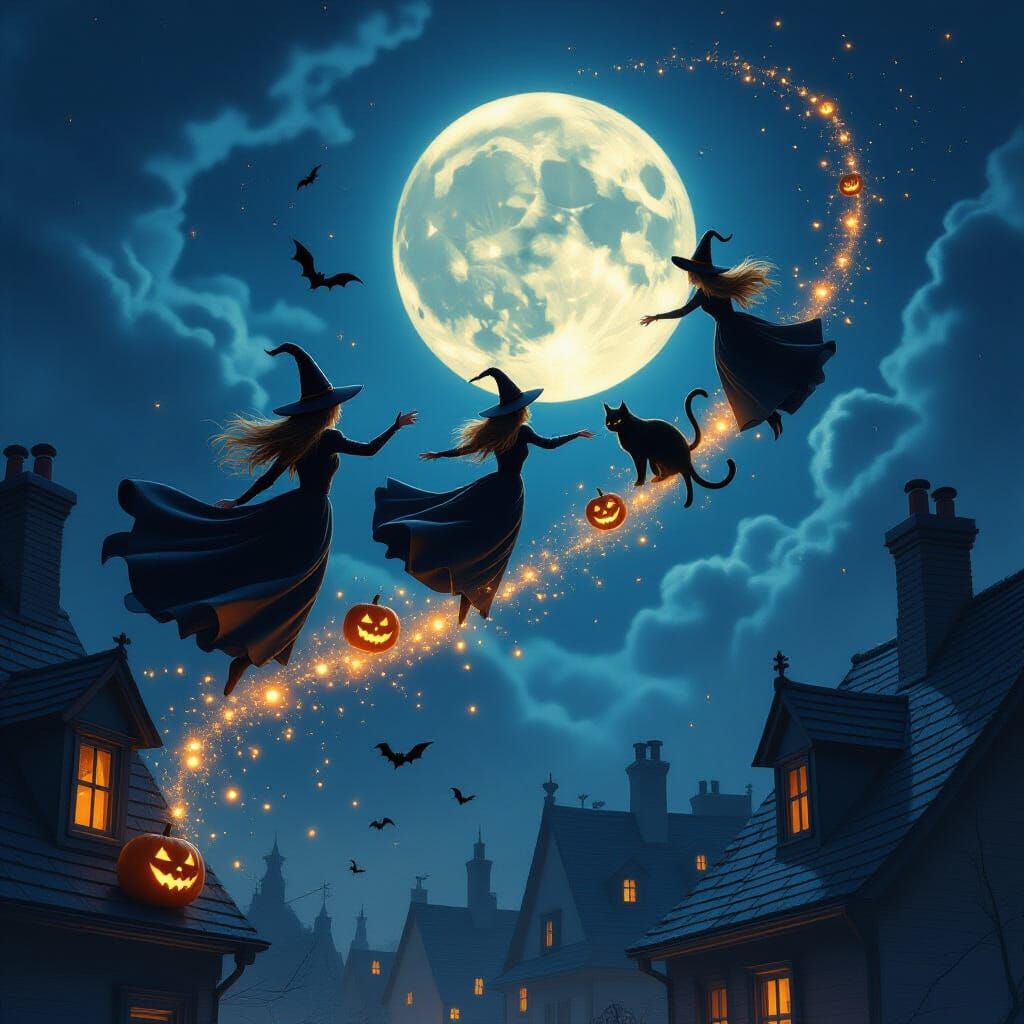 On Halloween night, beneath moon’s gleam,
Witches and kittie...