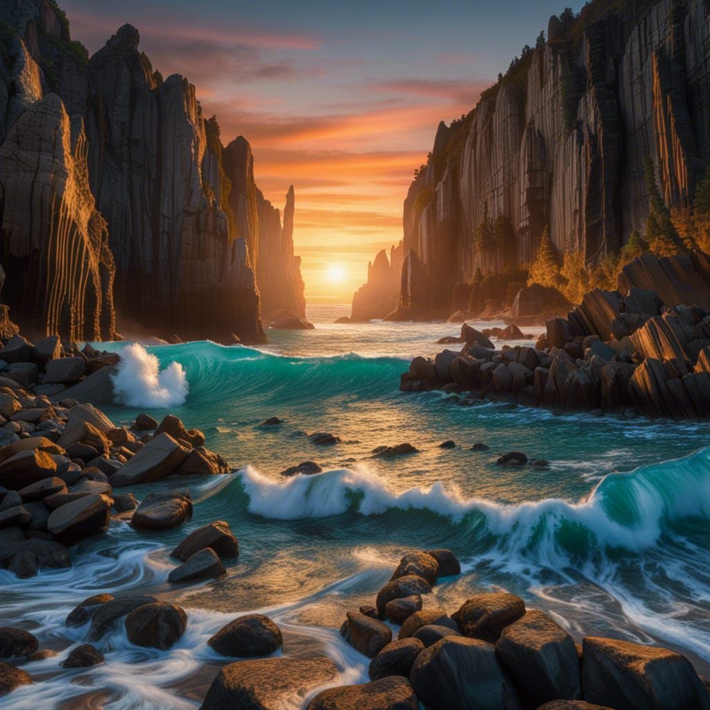 Bioluminescent Waves on Rocky Shore at Sunset