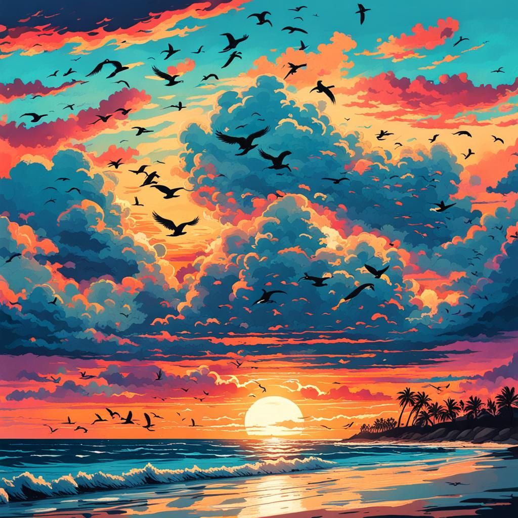 Vibrant Sunrise Over Ocean with Birds