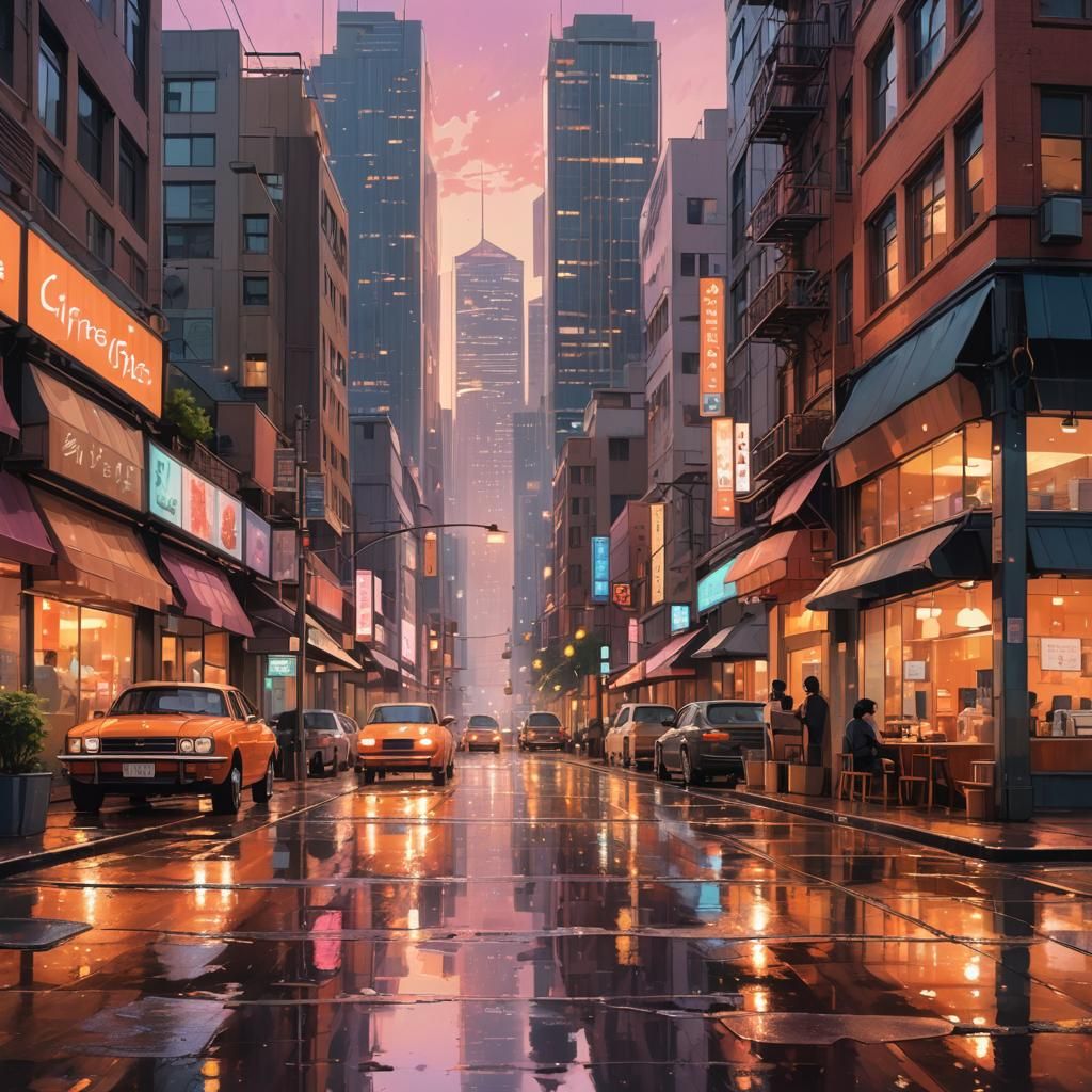 Anime Urban Street at Dusk in Golden Light