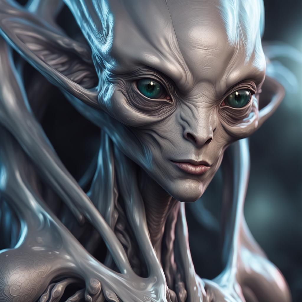 Closeup of a grey alien.