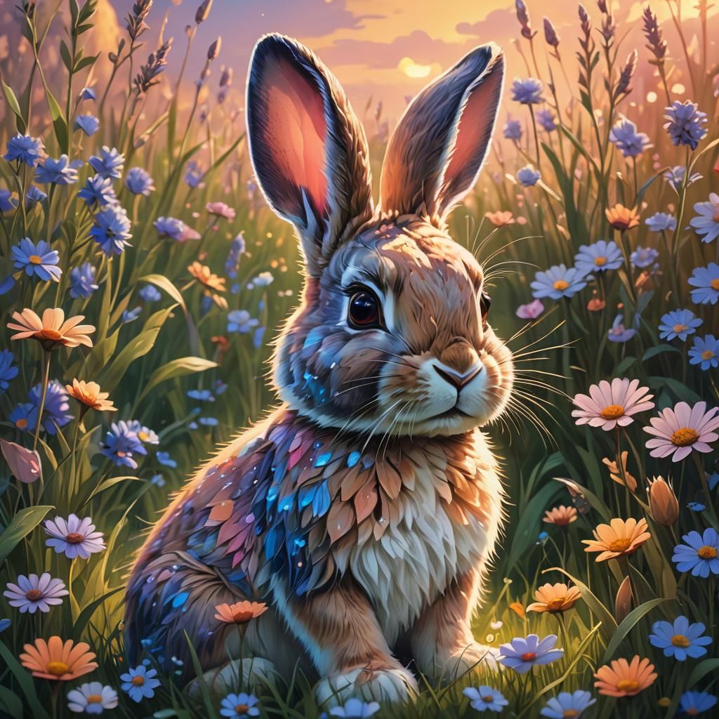 Kawaii Rabbit in Meadow at Sunset: Digital Art