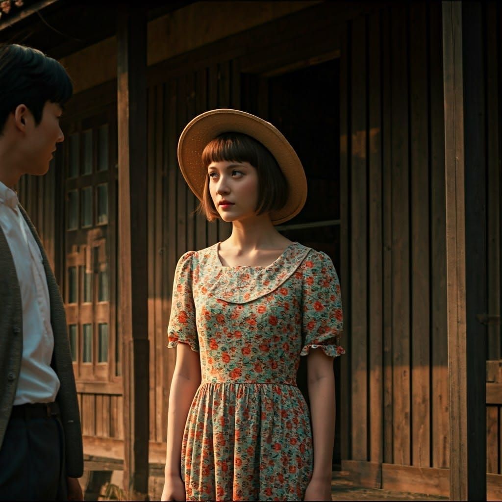 Young Woman in Vintage Floral Dress Engages in Conversation...