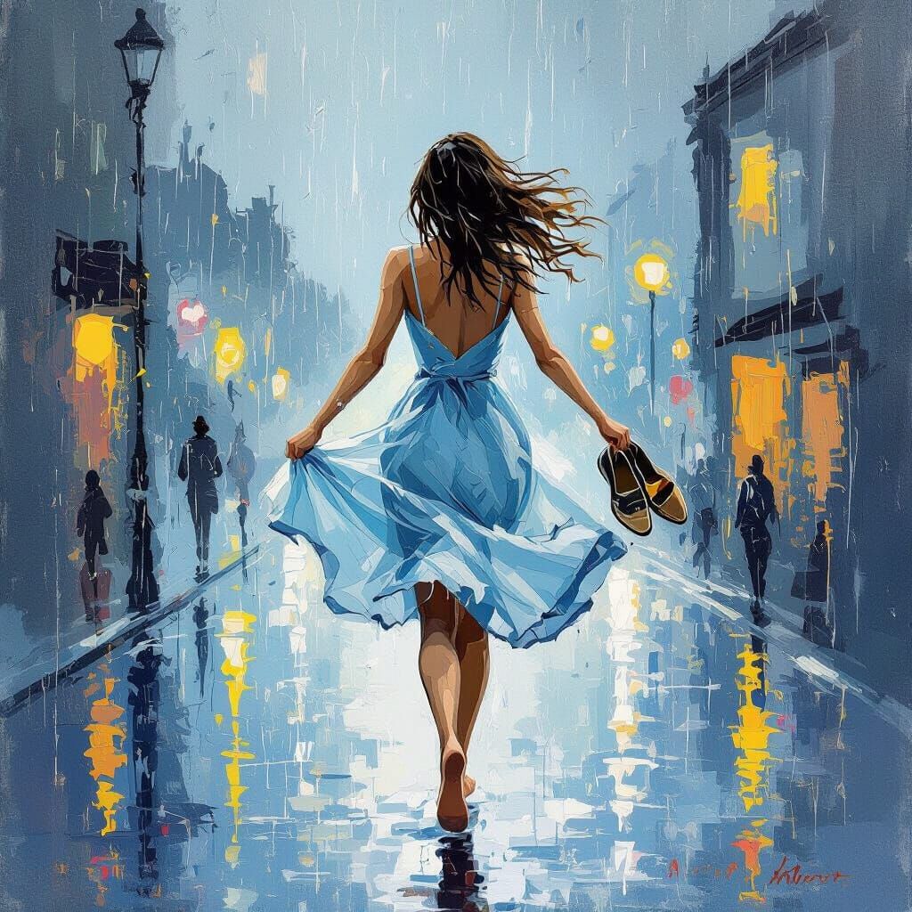 Woman Running in Rainy Cityscape, Expressionist Style