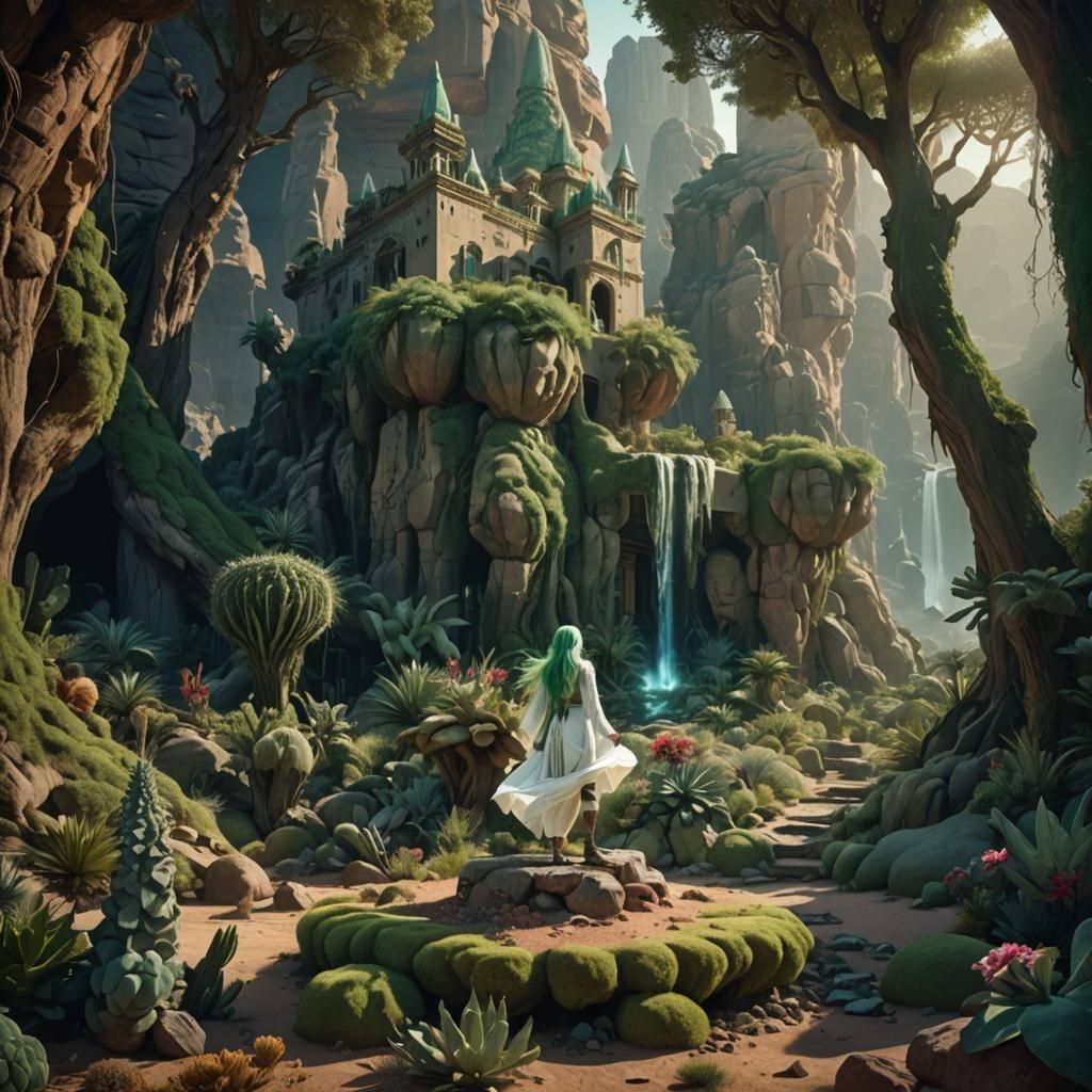 Desert Dwelling with Green-Haired Woman: Fantasy Art