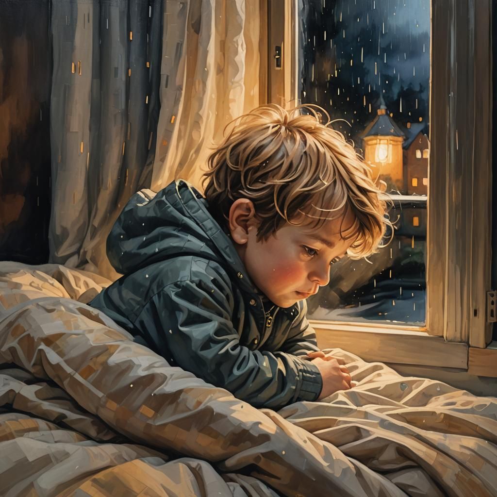 Cozy Rainy Night Acrylic Art with Child