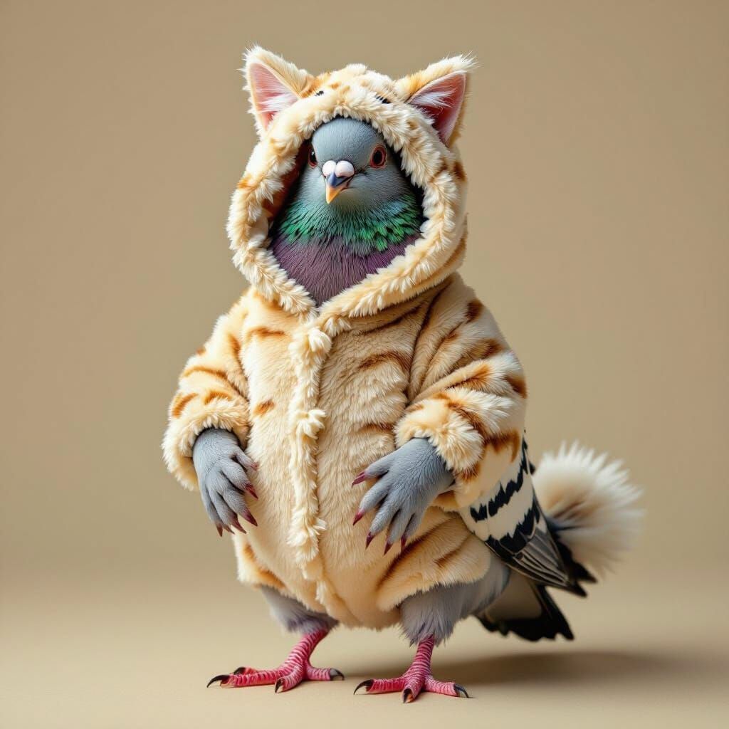 Pigeon in Cat Costume - Whimsical Storybook Illustration