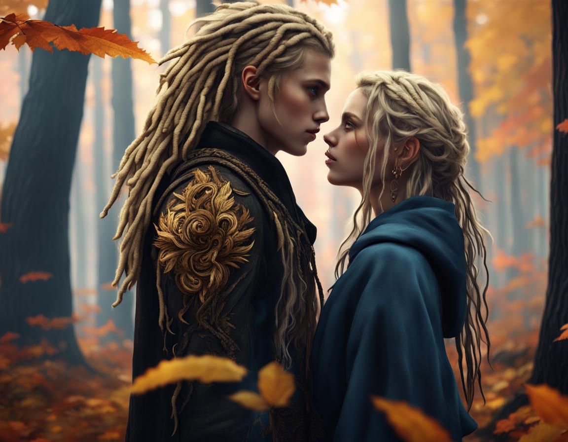 Viking Couple's Romantic Moment in Autumn Forest
