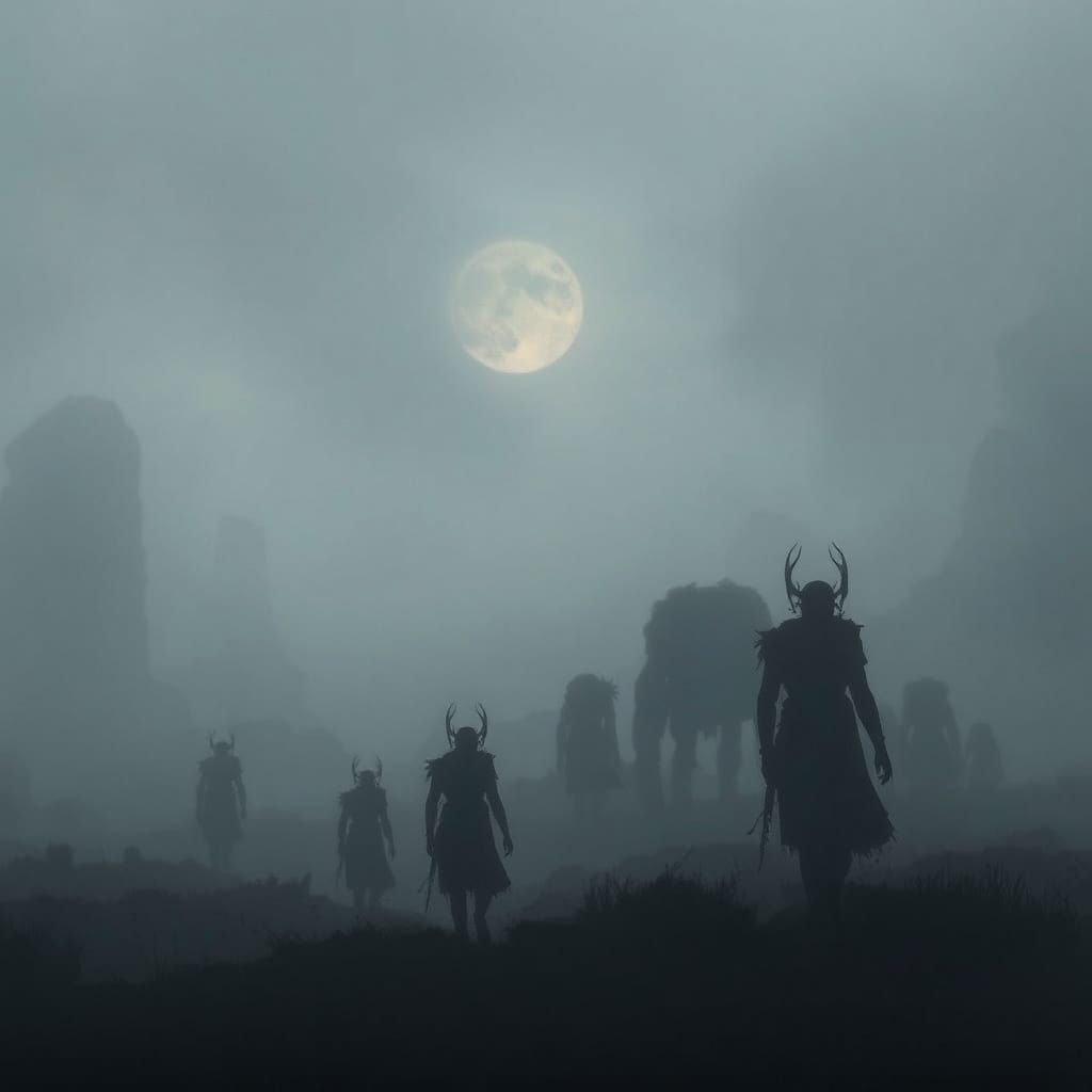 Mysterious Futuristic Silhouettes in a Misty Landscape