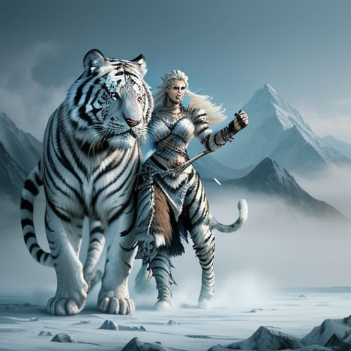 Warrior Woman and White Tiger in Epic Fantasy Art