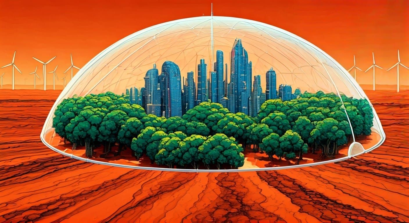 Futuristic Martian Metropolis Under Transparent Dome