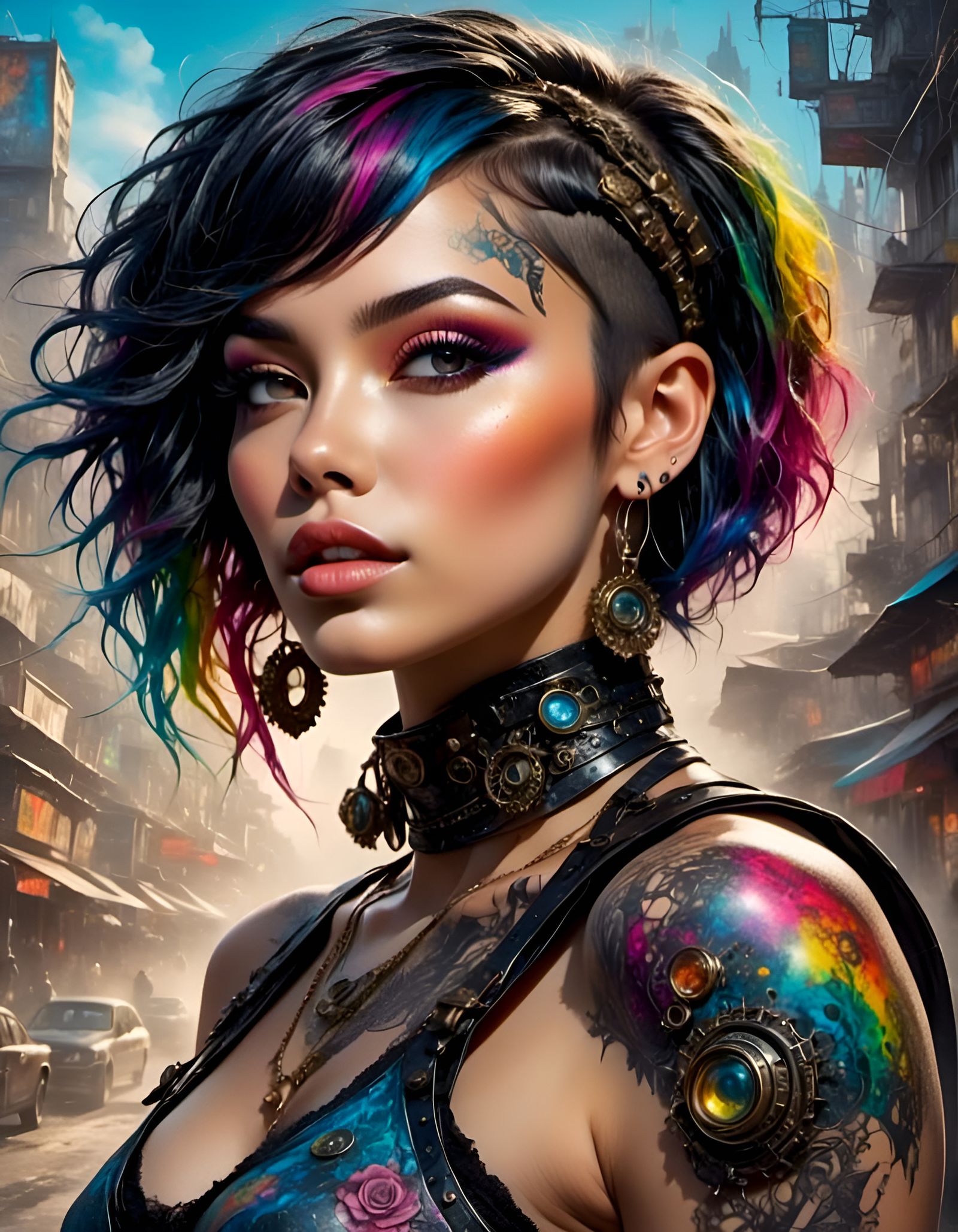 Steamfunk Brunette with Tribal Tattoos in Street Art Style