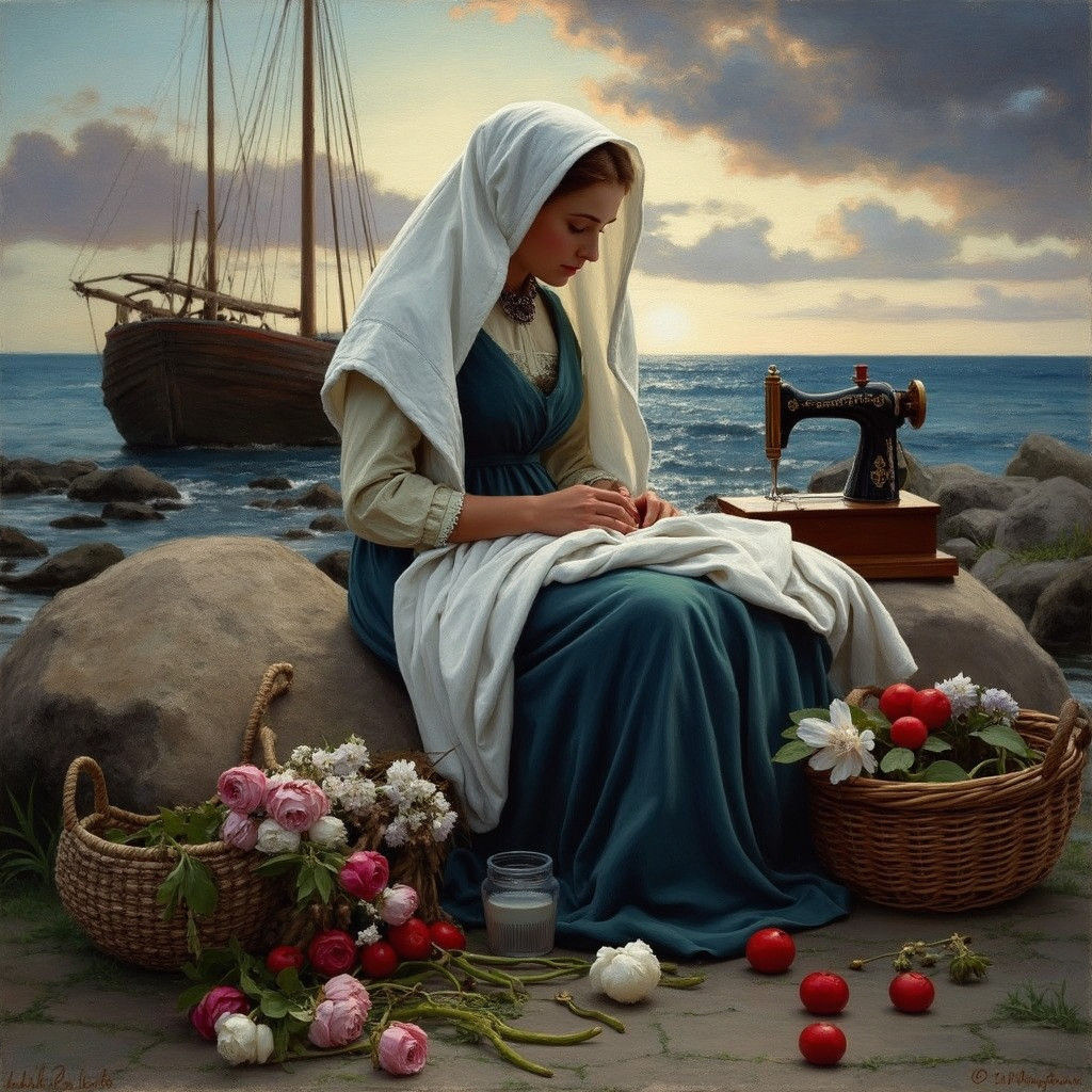 Sewing Fisherman's Wife: An Impressionist Scene