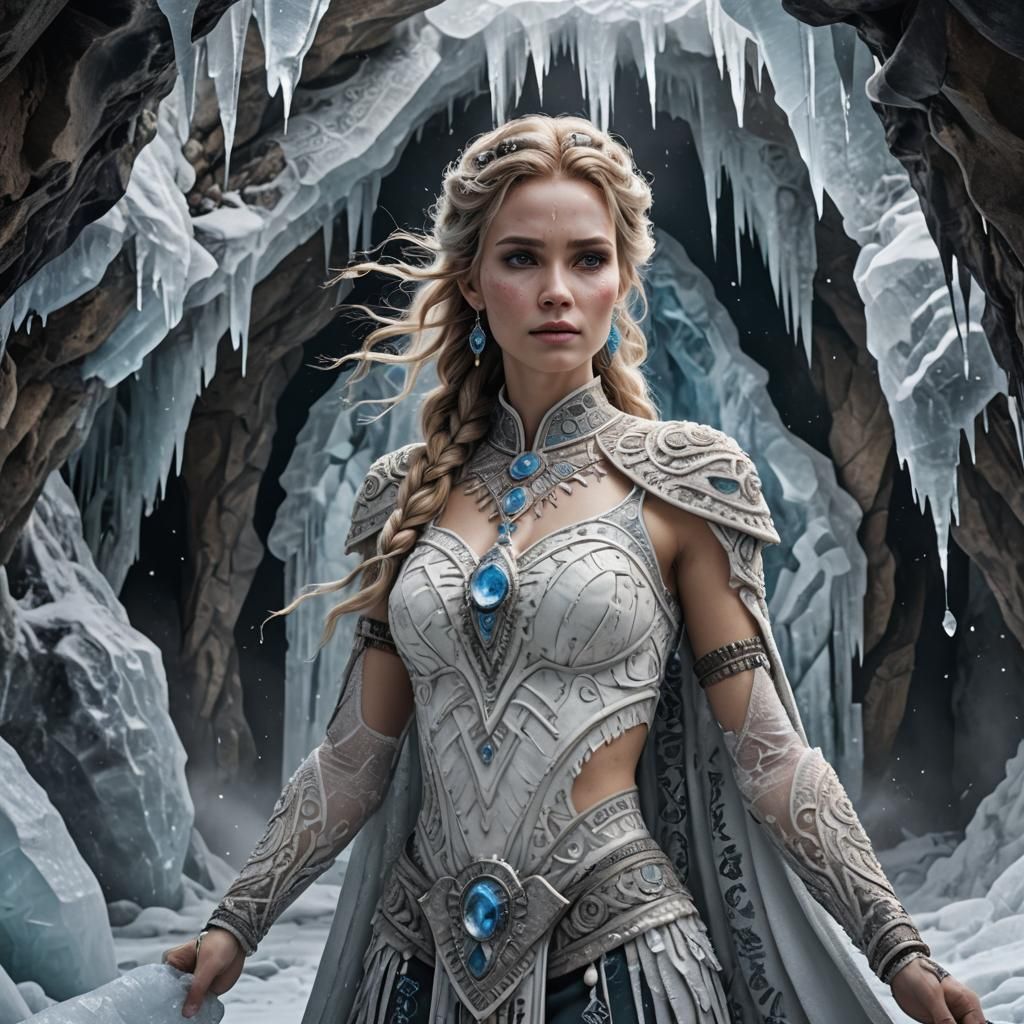 Frozen Woman on Mammoth Emerging from Ice Cave