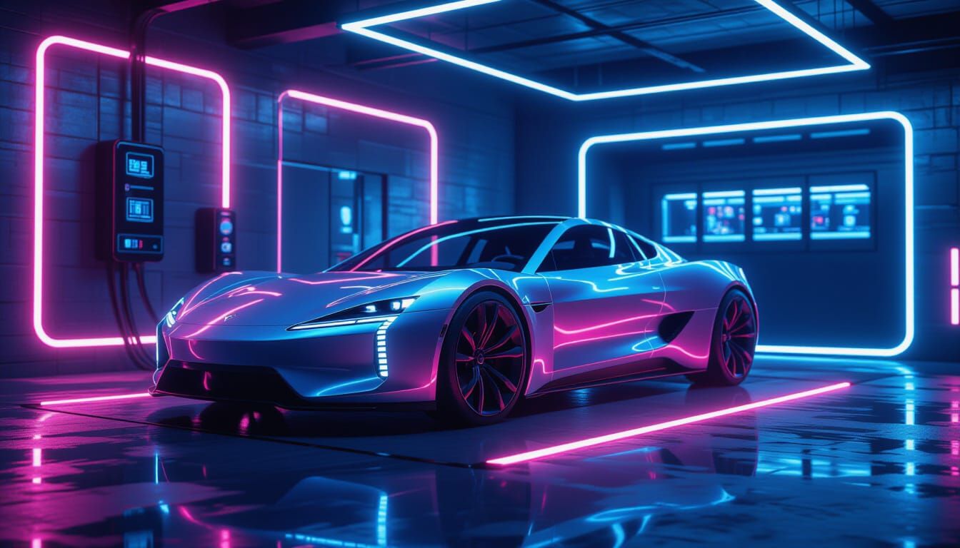 Luxury Electric Car in Neon Garage - Photorealistic