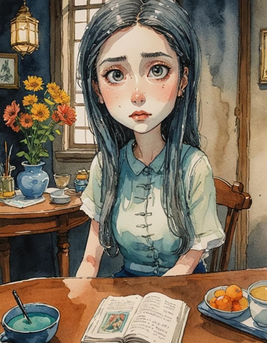 Pensive Woman Reading: Ghibli-esque Dark Academia Illustrati...