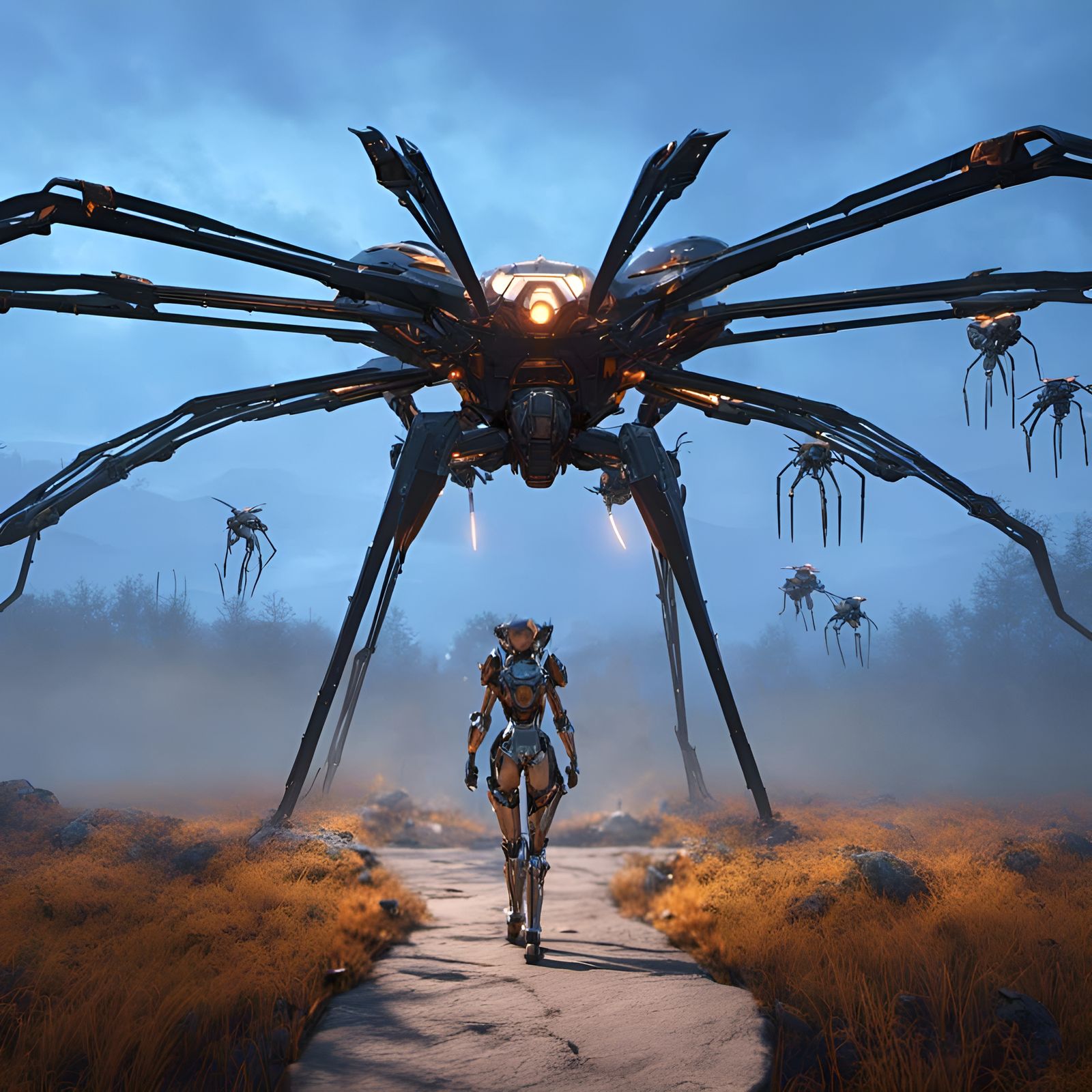 Futuristic Cyborg Miss Muffet in Sci-Fi Setting