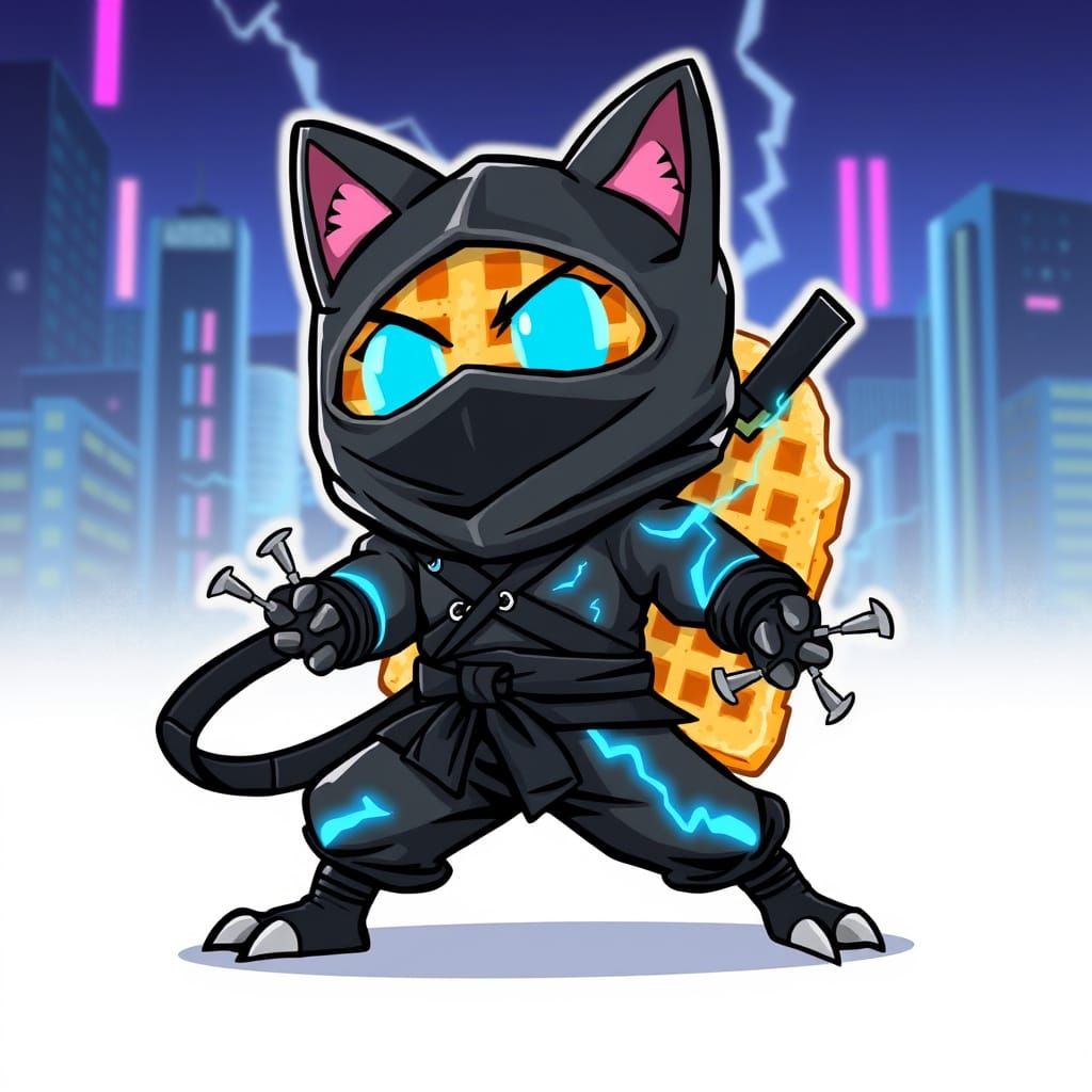 Sleek Cartoon Waffle Ninja in Black Stealth Suit