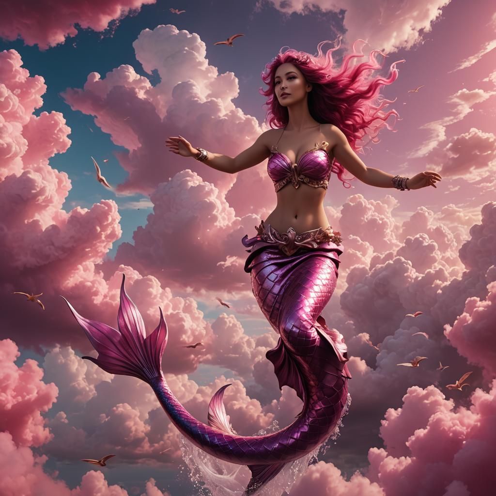 Flying Mermaid in Pink Utopia: Detailed Digital Art
