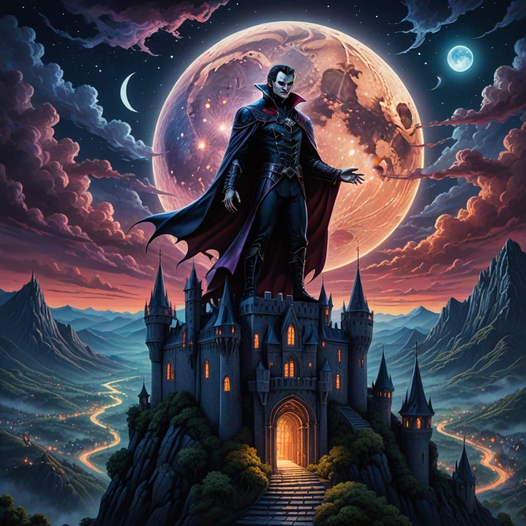 Cosmic Vampire Overlooks Moonlit Valley in Astral Art Style