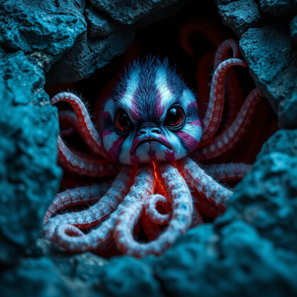 Creepy Cute Neon Furry Creature in Rock Fissure