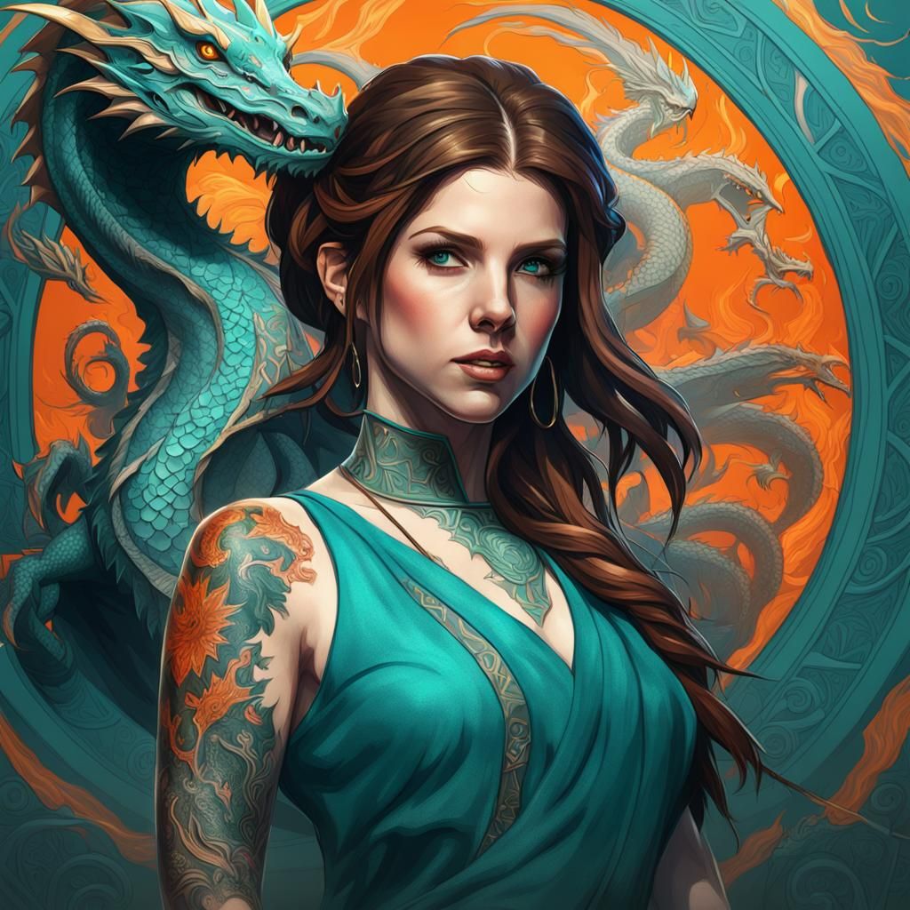 Anna Kendrick with Dragon Tattoos in Art Nouveau Style