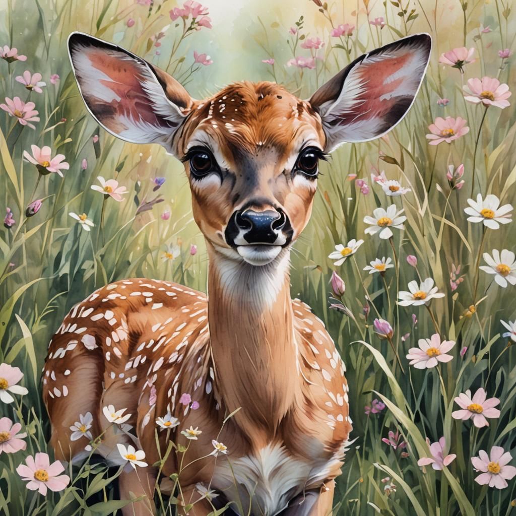 Watercolor Fawn in Flower Meadow: Whimsical Wildlife Art