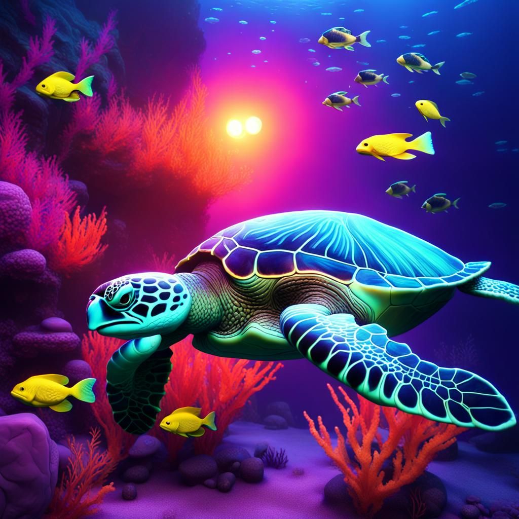 Blacklight Sea Turtle and Fish in Detailed Matte Painting
