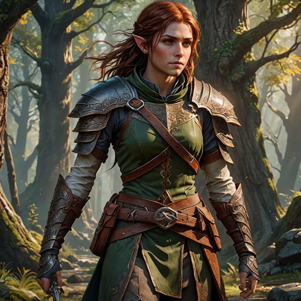 Beautiful half-elf female ranger with medium length auburn h...