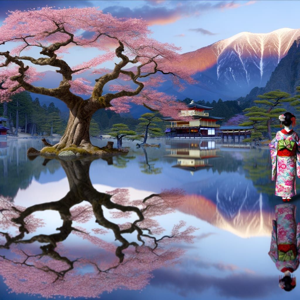 Sakura Tree by Lake with Geisha in Japanese Landscape