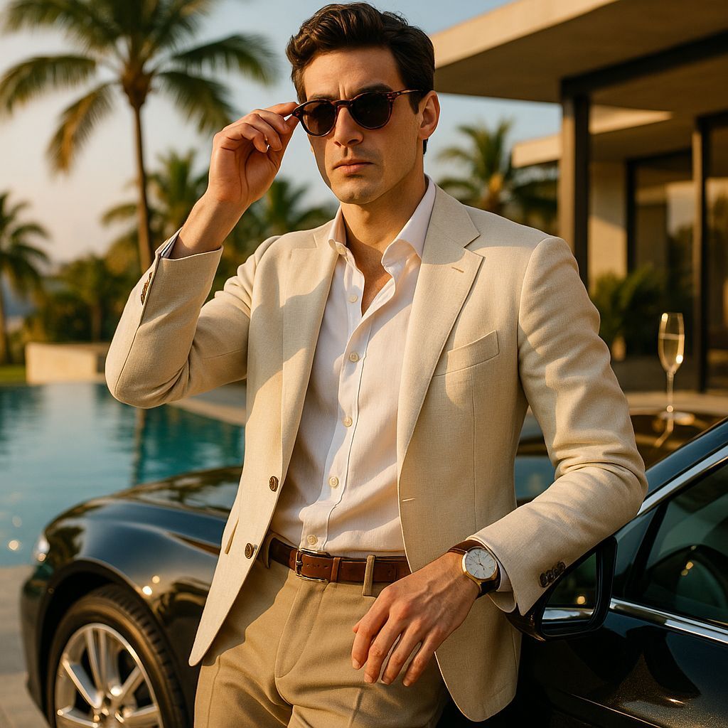 Elegant Man Poses by Luxury Car at Golden Hour