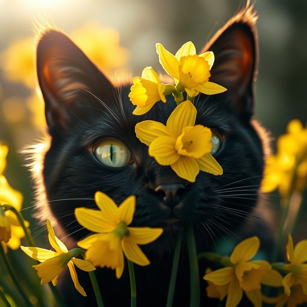 Vibrant Cat in Sunlit Narcissus Bloom